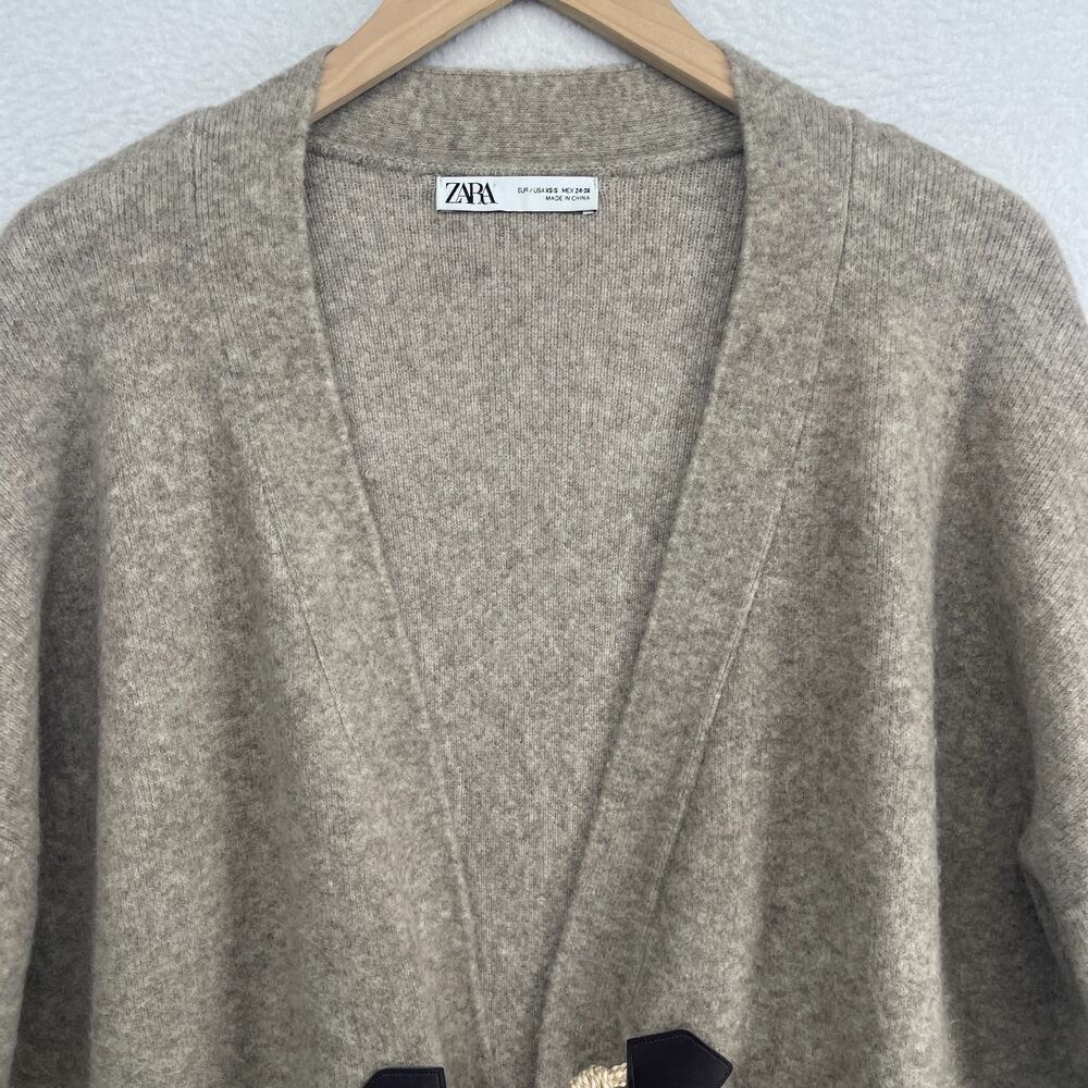 ZARA Sweater Womens XS S Wool Blend Oversized Cardigan Toggle Coatigan Beige - Picture 4 of 12
